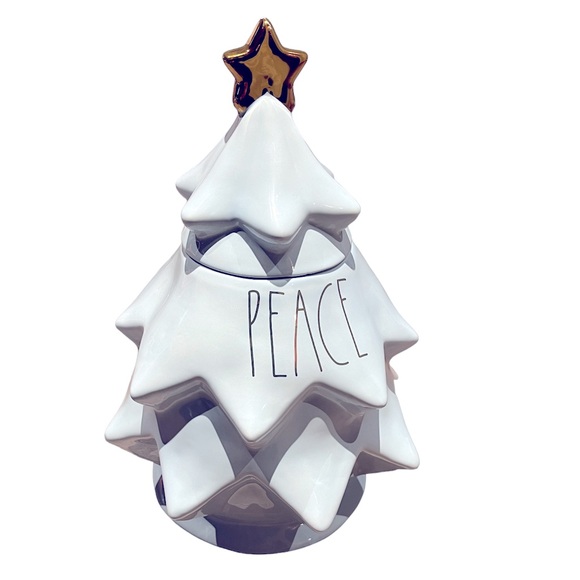 Rae Dunn blue “Peace” Christmas Tree Cannister Cookie Jar - Picture 1 of 3
